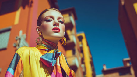 A stunning fashion portrait showcasing a model in a vibrant outfit, standing against a bright urban backdrop. The image captures a chic expression and stylish details.の素材