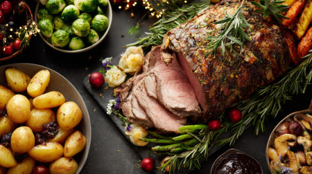 A beautifully arranged festive roast dinner showcases succulent beef, vibrant roasted vegetables, small potatoes, and fresh Brussels sprouts, perfect for celebrations.の素材