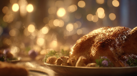 A beautifully arranged golden roasted turkey sits on an elegant table, enhanced by soft blurred lights and fresh flowers, perfect for festive gatherings.の素材