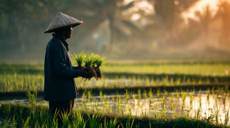 A farmer stands in a serene rice field at sunrise, holding seedlings. The tranquil scenery features lush greenery and palm trees, showcasing agricultural beauty.の素材