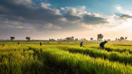 A breathtaking view of lush green rice fields at sunrise captures farmers working diligently to harvest crops. The vibrant landscape radiates tranquility.の素材