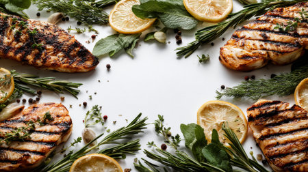 A visually appealing arrangement of grilled chicken fillets accented with fresh lemon slices and aromatic herbs creates a mouthwatering culinary scene.の素材