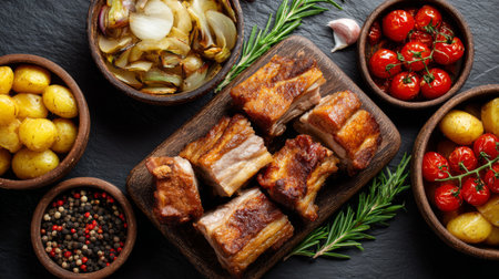 A mouthwatering display of crispy pork belly served with roasted potatoes, cherry tomatoes, and fresh garlic and onions on a dark slate surface.の素材