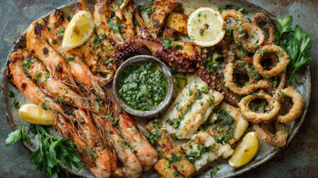 A vibrant seafood platter featuring grilled shrimp, tender octopus, and crispy fried calamari, all garnished with fresh herbs and zesty lemon wedges.の素材