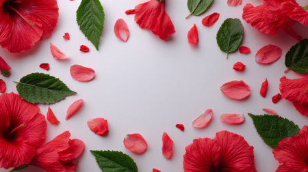 A stunning arrangement of vibrant red hibiscus flowers and soft petals, creating a fresh and beautiful scene ideal for nature and beauty themes.の素材
