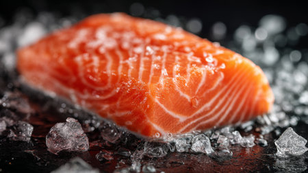 This stunning image features a fresh raw salmon fillet resting on ice, highlighting its vibrant pink color and intricate texture. Ideal for culinary applications, this photograph captures the essence of quality seafood, perfect for use in recipes, restaurant menus, or food magazines.の素材