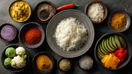 An enticing arrangement of fresh vegetables, aromatic spices, and steamed rice placed on a rustic stone background, perfect for culinary inspiration.の素材