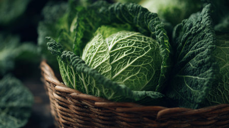 A stunning arrangement of fresh green cabbage nestled in a rustic woven basket, showcasing vibrant leaves on a wooden table, ideal for healthy cooking.の素材