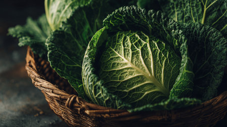 A captivating image of fresh organic green cabbage leaves elegantly arranged in a rustic basket. The rich textures and vibrant colors highlight the natural beauty of vegetables, making it an ideal choice for food-related projects or healthy lifestyle themes.の素材