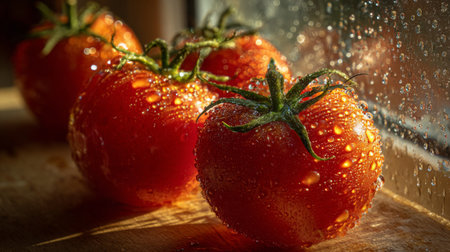 A close-up shot of fresh red tomatoes adorned with water droplets resting on a wooden surface, showcasing their vibrant texture and natural beauty.の素材