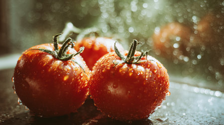 A captivating close-up of fresh cherry tomatoes glistening with water droplets on a rustic wooden surface, illuminated by warm natural light.の素材