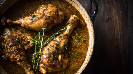 Discover a mouthwatering display of juicy roasted chicken legs seasoned with fresh thyme, presented in a cast iron pot against a rustic wood backdrop.の素材