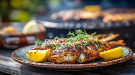 This vibrant image captures a beautifully grilled whole fish garnished with fresh herbs and lemon slices, served on a rustic plate. Perfect for summer dining!の素材