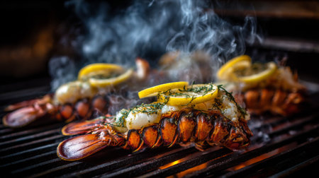 This captivating image features grilled lobster tails topped with lemon slices and fresh herbs, creating an enticing dish perfect for summer barbecues. Smoke rises as they cook, enhancing their savory flavor. Ideal for food enthusiasts and culinary creatives, this shot showcases the art of grilling seafood.の素材