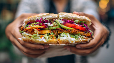 A beautifully crafted sandwich featuring crispy chicken and colorful vegetables served in an outdoor urban setting, perfect for food lovers and culinary enthusiasts.の素材