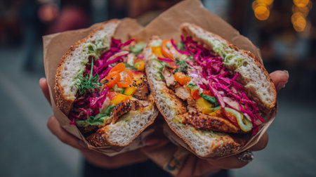 A person holding two vibrant sandwiches filled with colorful toppings in a cozy outdoor setting, showcasing fresh ingredients and delicious flavors.の素材