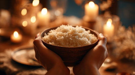 A warm and inviting scene featuring hands holding a wooden bowl filled with fluffy cooked rice. Soft candlelight creates a cozy ambiance perfect for a family gathering or dinner celebration.の素材
