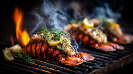 Experience the enticing aroma of grilled lobster tails, perfectly charred over flames with a touch of lemon and fresh herbs. Ideal for seafood lovers.の素材