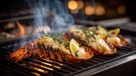 A mouthwatering close-up of grilled lobster topped with fresh herbs and lemon, showcasing exquisite culinary skills on an open flame grill.の素材