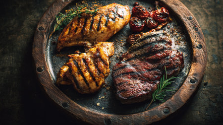 A stunning arrangement of grilled chicken and beef, garnished with fresh herbs and sun-dried tomatoes, capturing the essence of rustic culinary delights.の素材