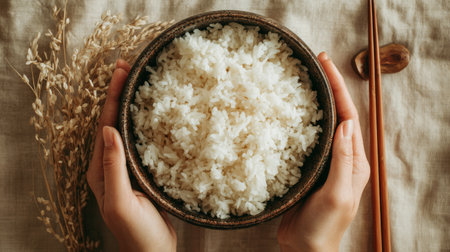 A serene depiction of hands gently holding a bowl of freshly cooked white rice, surrounded by natural elements in a warm, inviting setting.の素材