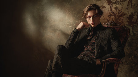 This captivating portrait features a young man in an elegant pinstripe suit, seated confidently in a vintage chair. The ornate backdrop and dramatic lighting create a moody atmosphere, highlighting modern sophistication and unique style, perfect for fashion-related themes.の素材