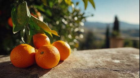 A vibrant display of fresh oranges resting on a rustic stone surface with lush greenery and a scenic landscape in the background, highlighting the beauty of nature.の素材