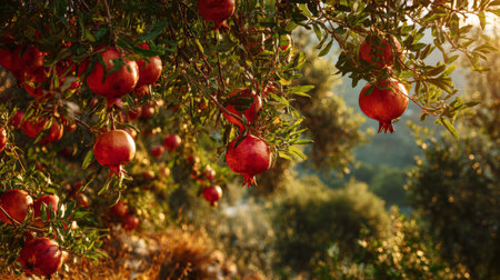 Pomegranates hang beautifully from tree branches, illuminated by golden hour light, showcasing nature's bounty and vibrant colors in a serene garden setting.の素材