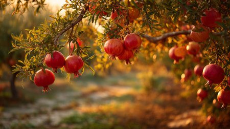 A captivating view of fresh pomegranates hanging from a tree branch, illuminated by warm sunset light. This image evokes the beauty of autumn harvest in an orchard setting.の素材