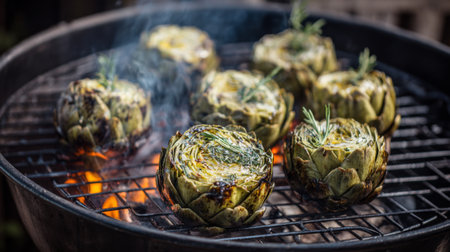 A vibrant image of grilled artichokes infused with fresh herbs, surrounded by smoke and flames, showcasing the essence of outdoor cooking and summer.の素材