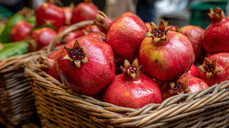 A rustic basket filled with fresh, ripe pomegranates showcases a vibrant market scene, reflecting the beauty of natural produce and healthy eating choices.の素材