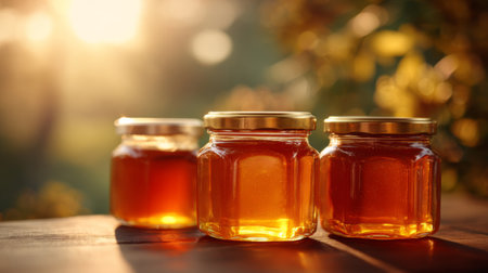 Three jars of golden honey rest on a rustic wooden table, illuminated by warm sunlight. Surrounded by nature, this enticing scene depicts the sweetness of organic honey.の素材