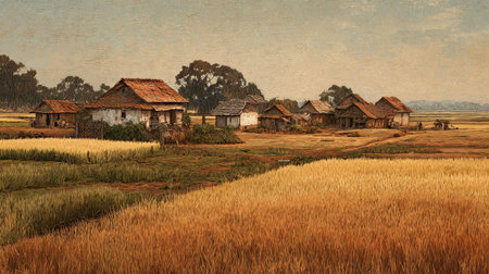 A serene rural landscape featuring traditional homes nestled among golden fields, with lush greenery enhancing the tranquil atmosphere and natural beauty.の素材