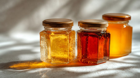 This image features assorted jars of honey showcasing different shades, ranging from light amber to deep golden tones, on a soft background.の素材