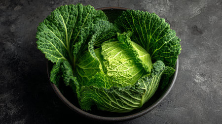 A beautifully arranged fresh green cabbage with vibrant crinkled leaves sits in a dark bowl, accentuating its organic appeal and healthy qualities.の素材
