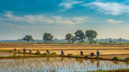 An idyllic scene depicting workers harvesting rice in expansive fields, showcasing agricultural practices and community effort under a bright sky.の素材