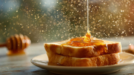 This inviting image showcases freshly toasted bread topped with delicious golden honey, creating a cozy breakfast scene filled with warmth and allure.の素材