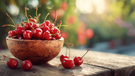 A wooden bowl filled with fresh red cherries sits on a rustic table, creating a vibrant and appetizing scene against a garden backdrop.の素材