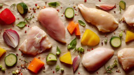 An artistic arrangement of raw chicken breasts with vibrant vegetables and fresh herbs on a rustic wooden surface, perfect for healthy meal inspiration.の素材