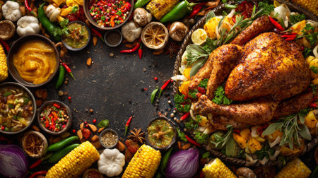 A beautifully arranged festive meal featuring a succulent roast turkey surrounded by an array of fresh vegetables, spices, and colorful garnishes.の素材