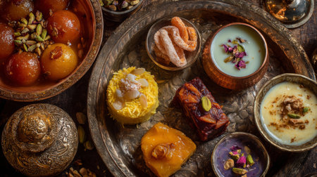 A visually stunning arrangement of assorted traditional sweets and desserts, showcasing vibrant colors and intricate designs, perfect for celebrations.の素材