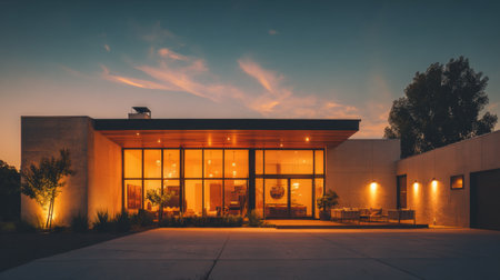 This captivating image features a modern home with stunning architecture bathed in warm evening light. Its sleek lines and elegant design invite comfort and relaxation.の素材