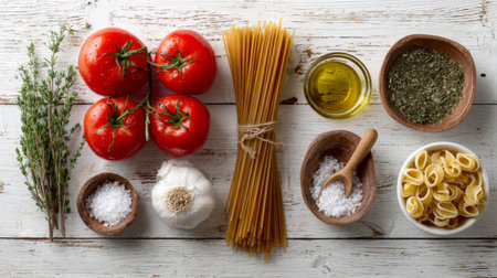 A beautiful arrangement of fresh culinary ingredients, including tomatoes, garlic, pasta, and herbs, showcasing the essence of Italian cooking on a rustic wooden table.の素材