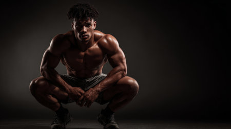 A muscular athletic man demonstrates strength while squatting in a dark environment. This powerful image captures the essence of determination and dedication in fitness training.の素材