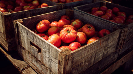 A collection of freshly harvested ripe tomatoes displayed in rustic wooden crates at a vibrant local market. Perfect for food lovers.の素材
