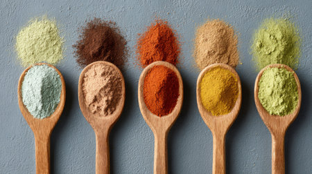 A beautifully arranged display of colorful spices in wooden spoons against a blue background, showcasing an array of textures and vibrant shades.の素材