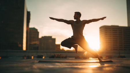 A serene silhouette of a man practicing yoga on a rooftop at sunset, surrounded by a stunning urban skyline, embodies relaxation and wellness.の素材
