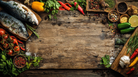 A beautifully arranged selection of fresh fish, vibrant vegetables, and aromatic herbs on a rustic wooden table. Perfect for culinary inspiration.の素材
