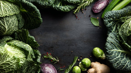 A stunning flat lay composition featuring fresh green cabbage and assorted vegetables surrounded by herbs and spices on a dark rustic background.の素材