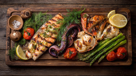 A beautifully arranged grilled seafood platter featuring fish, octopus, shrimp, and vibrant vegetables, perfect for a gourmet dining experience.の素材